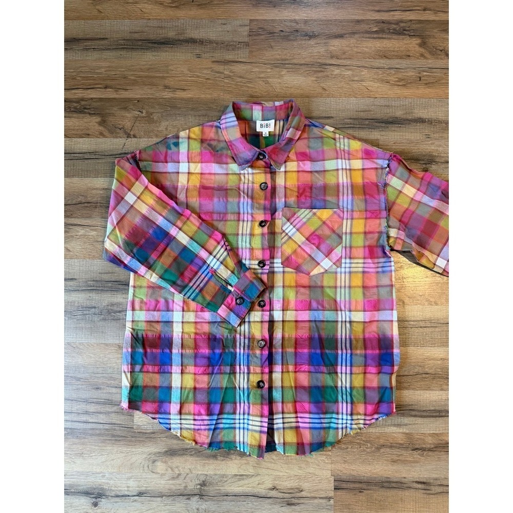 BiBi Multicolor Plaid Button-Down Shirt - Pink, Yellow, Green, Blue